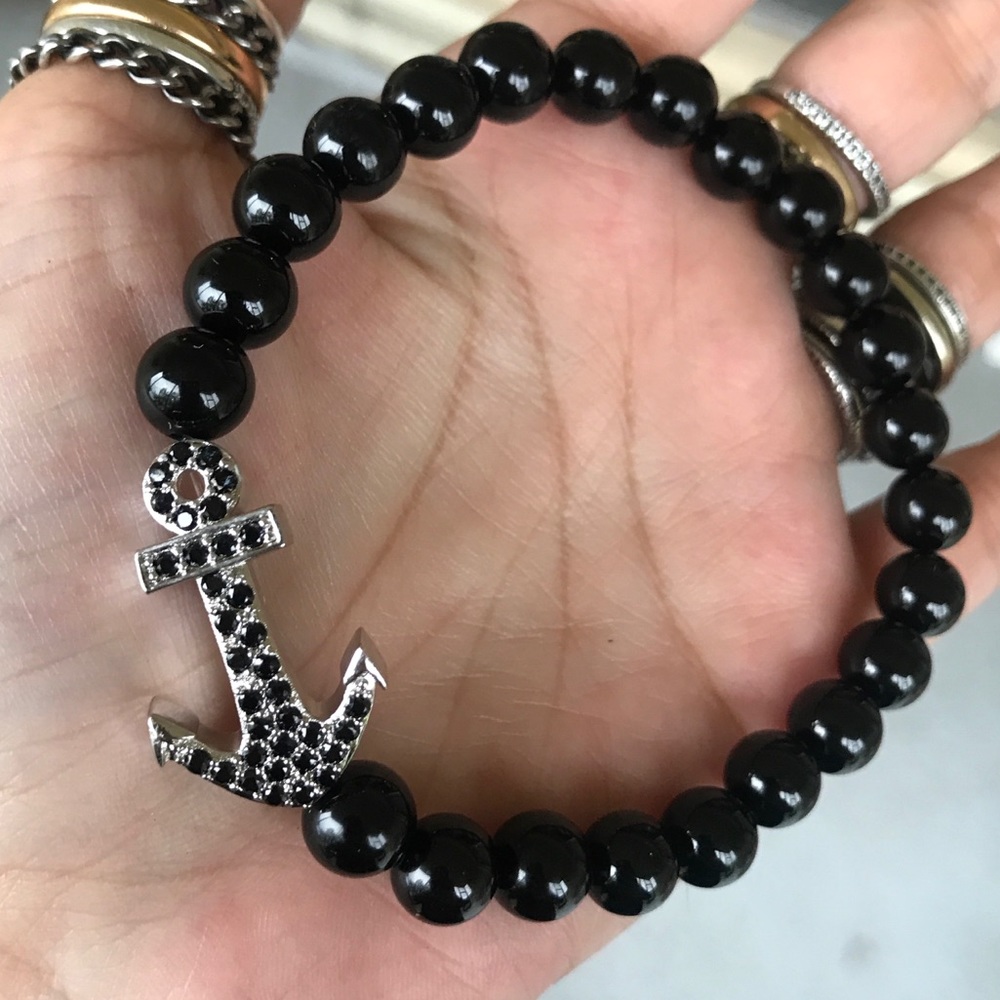 Genuine onyx & steel black cz anchor bead bracelet